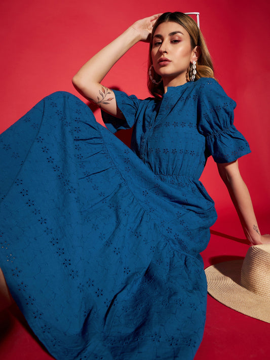 Women's Royal Blue Schiffli Tiered Midi Dress