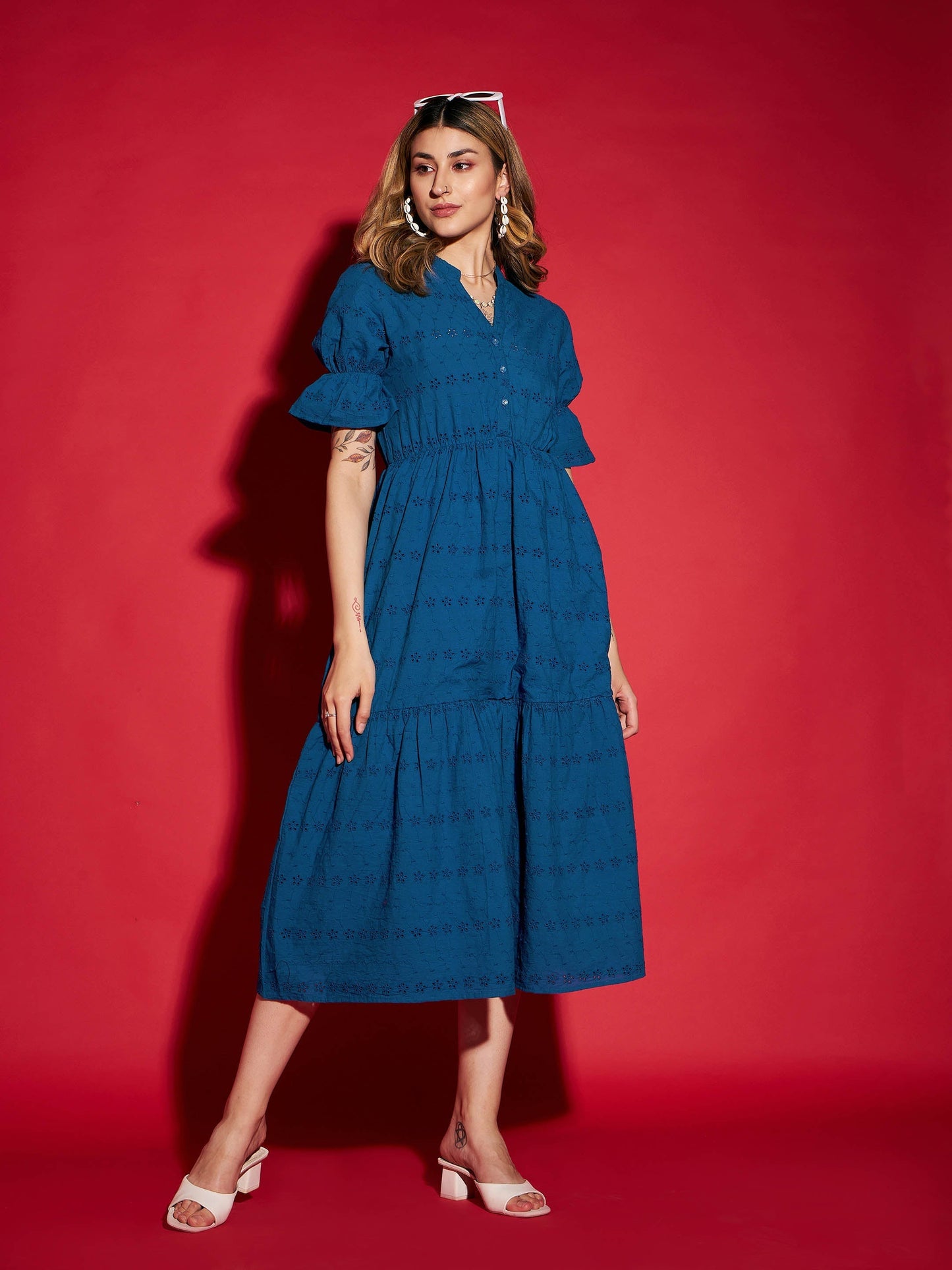 Women's Royal Blue Schiffli Tiered Midi Dress
