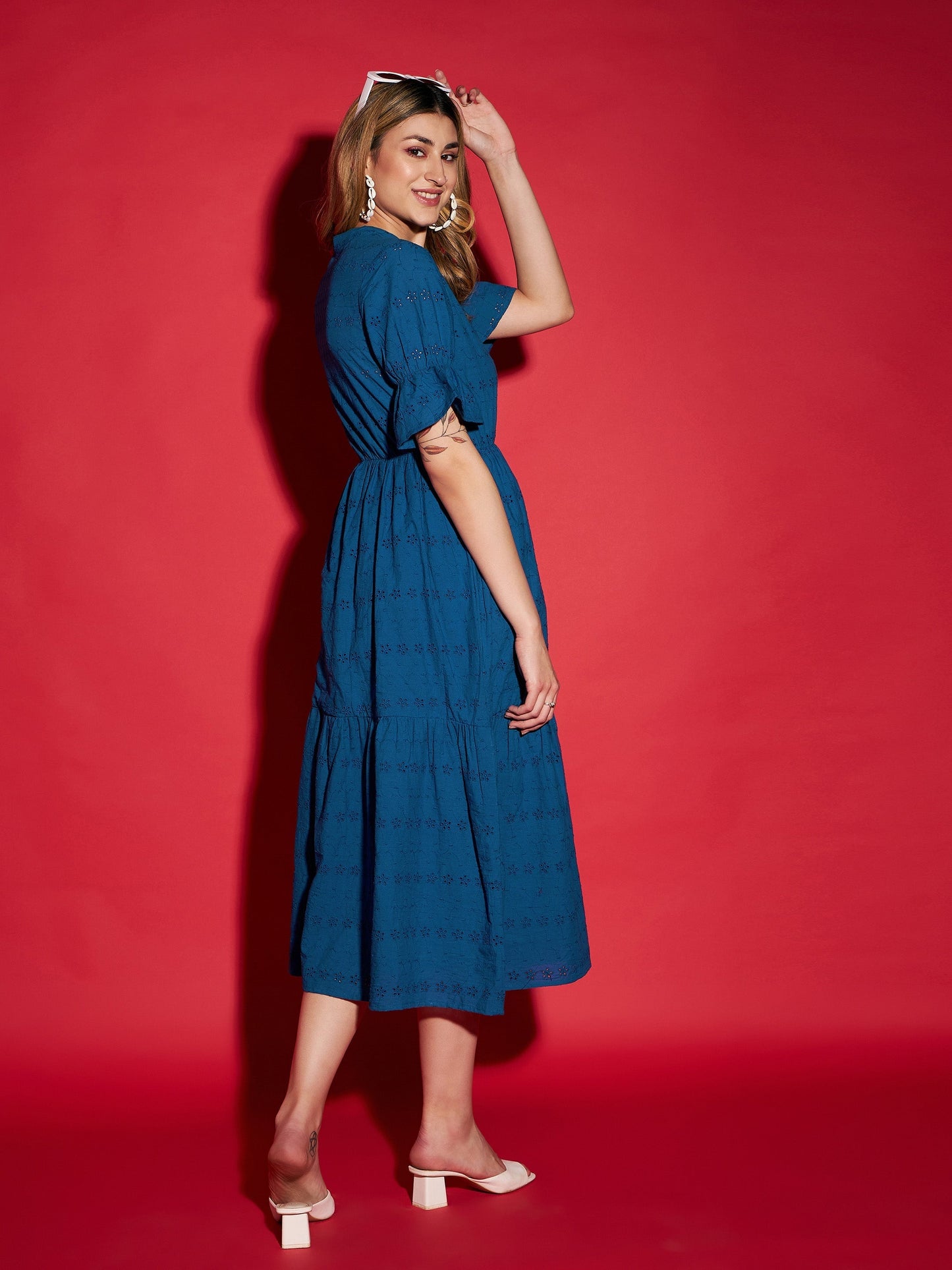 Women's Royal Blue Schiffli Tiered Midi Dress