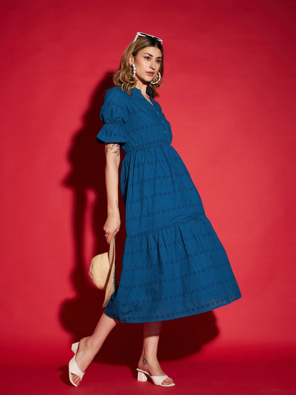 Women's Royal Blue Schiffli Tiered Midi Dress