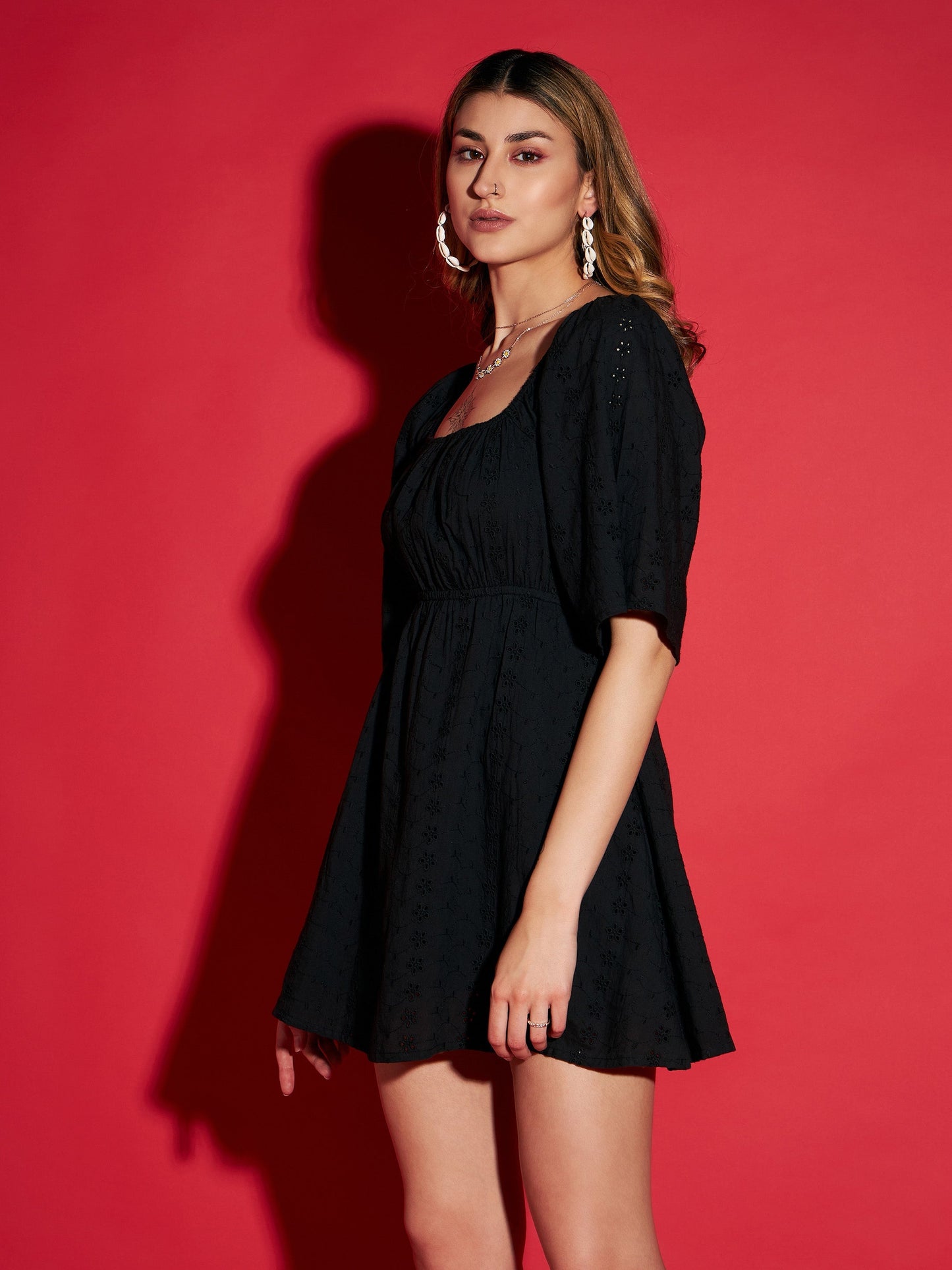 Women's Black Schiffli Back Tie Short Skater Dress