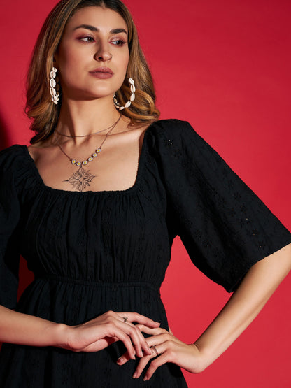 Women's Black Schiffli Back Tie Short Skater Dress
