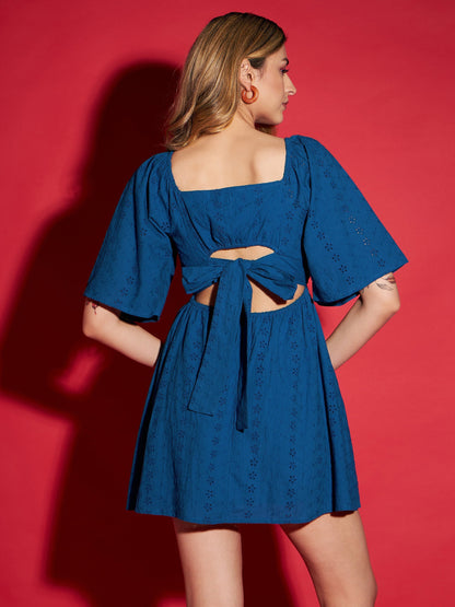 Women's Royal Blue Schiffli Back Tie Short Skater Dress