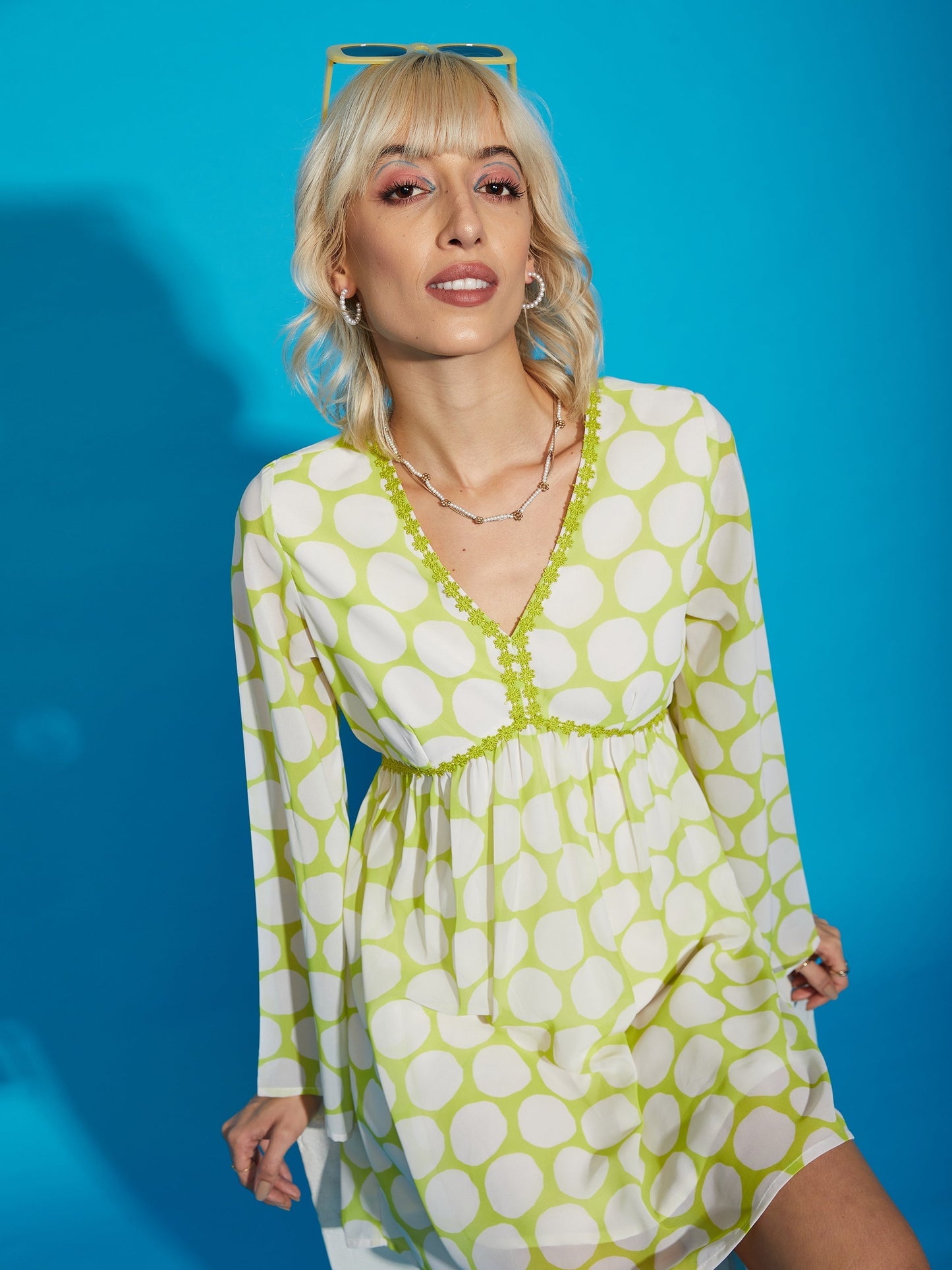 Women's Green Polka Dot Flared Sleeve Skater Dress