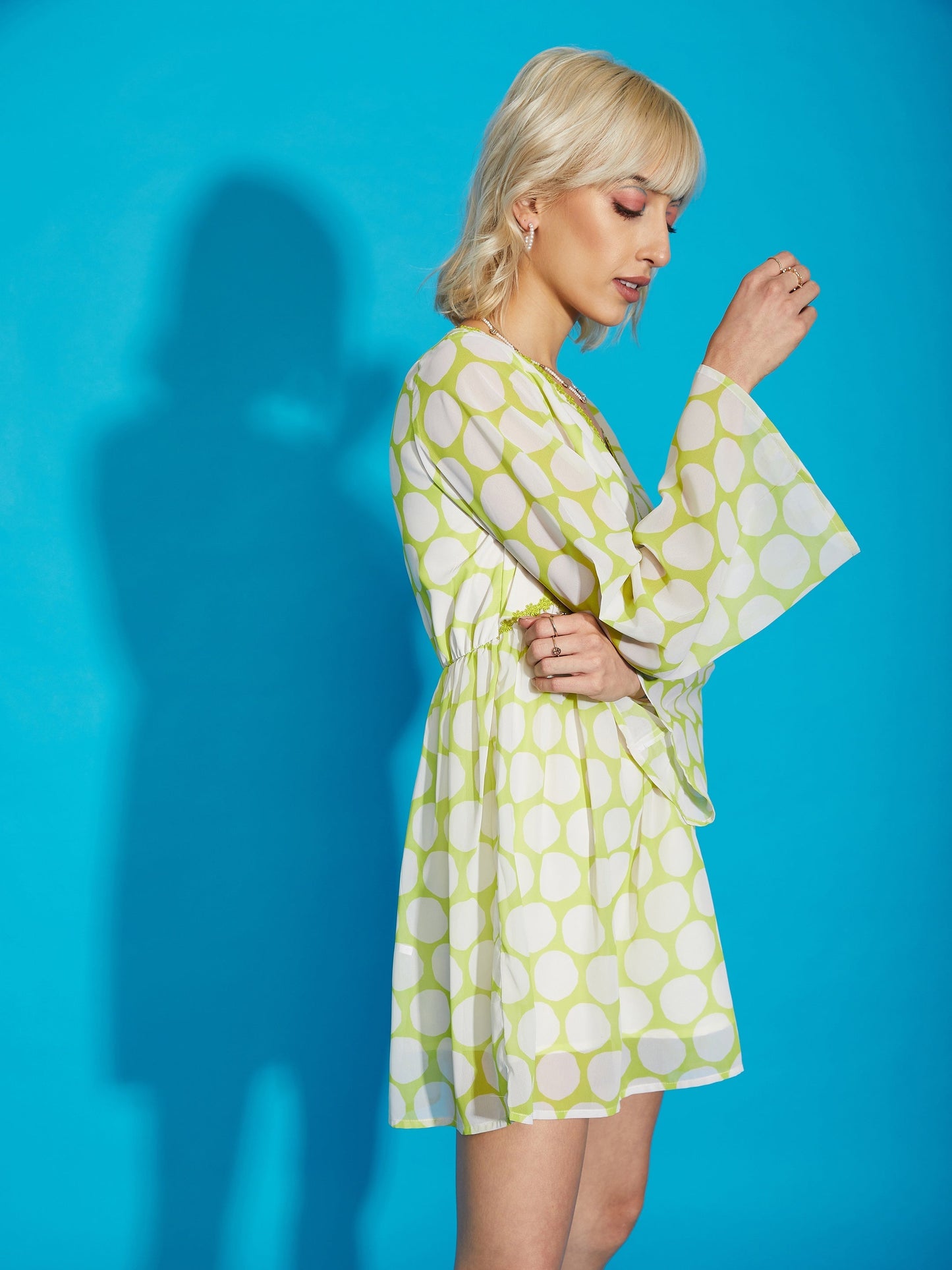 Women's Green Polka Dot Flared Sleeve Skater Dress
