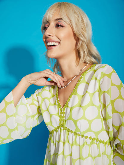 Women's Green Polka Dot Flared Sleeve Skater Dress
