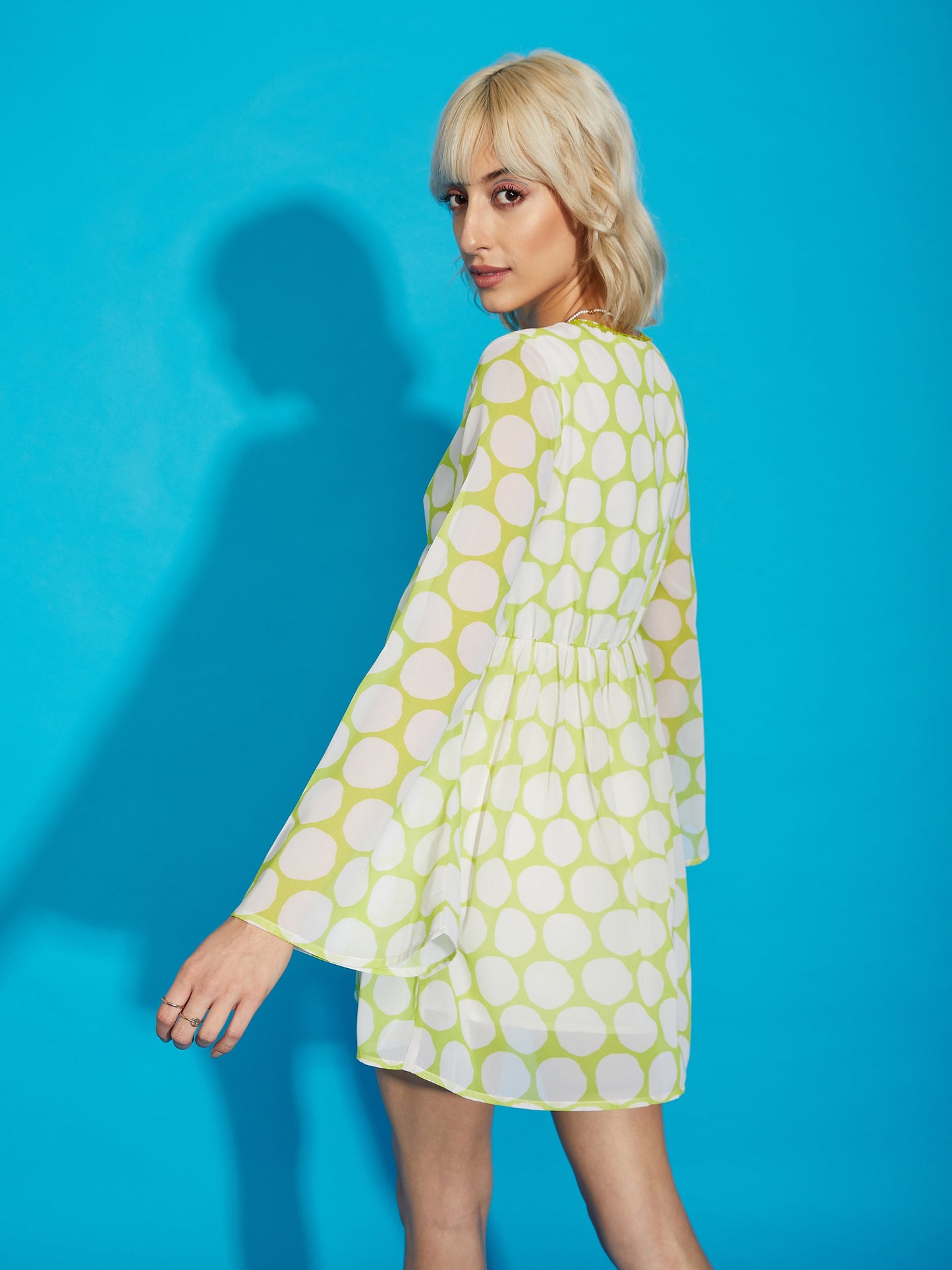 Women's Green Polka Dot Flared Sleeve Skater Dress