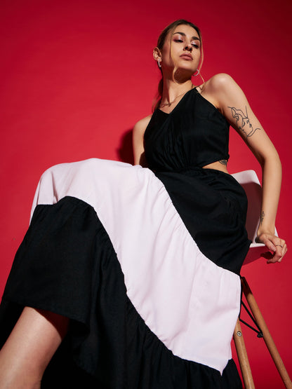 Women's Black & White Colour Block Tiered Maxi Dress