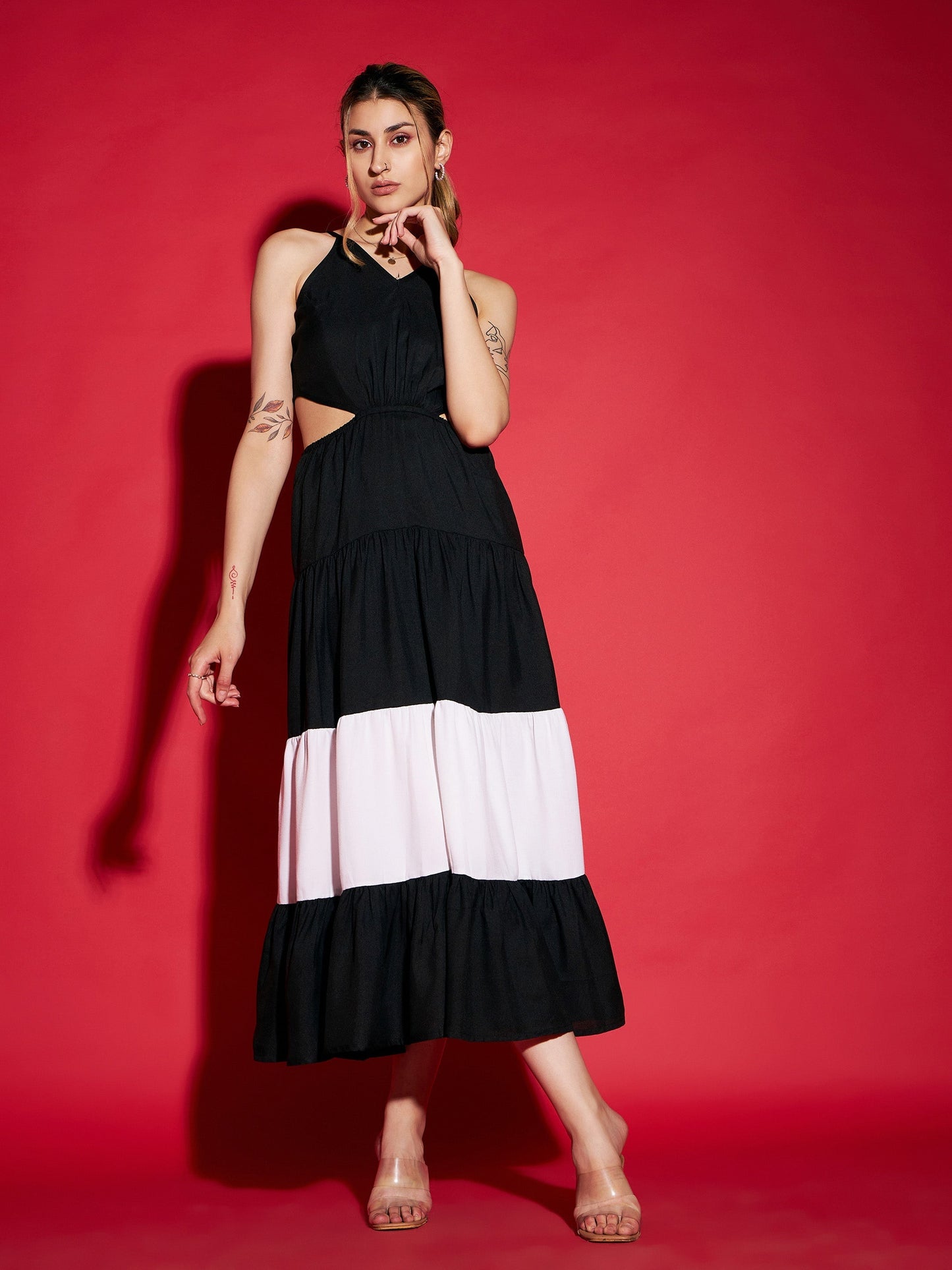 Women's Black & White Colour Block Tiered Maxi Dress