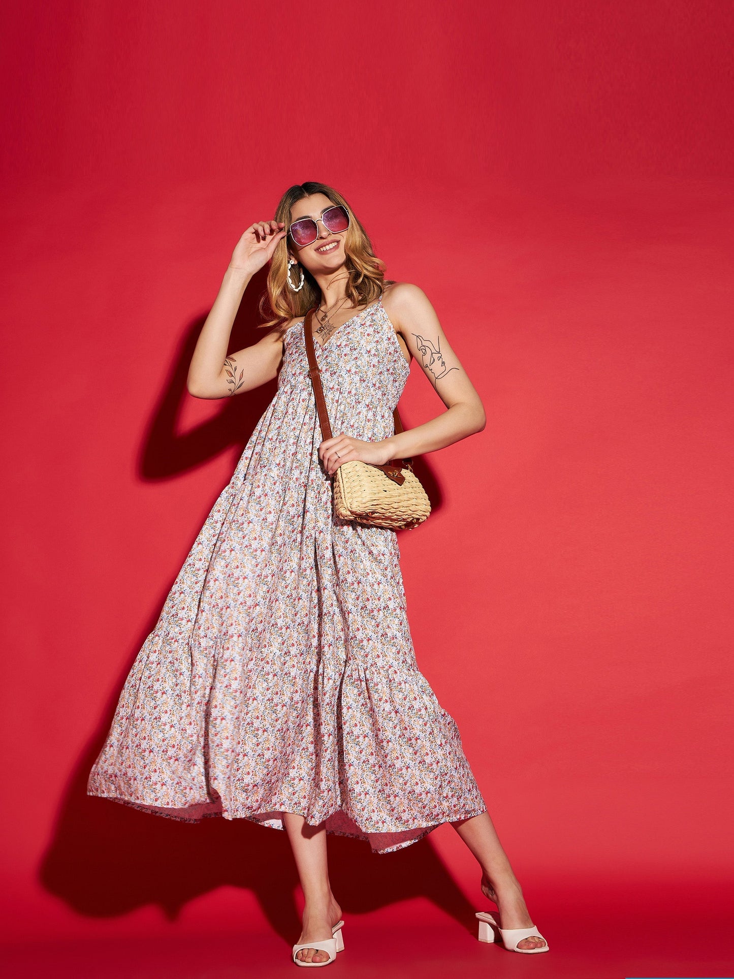 Women's White Ditsy Floral Strappy Tiered Maxi Dress