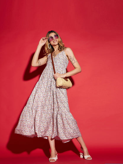 Women's White Ditsy Floral Strappy Tiered Maxi Dress