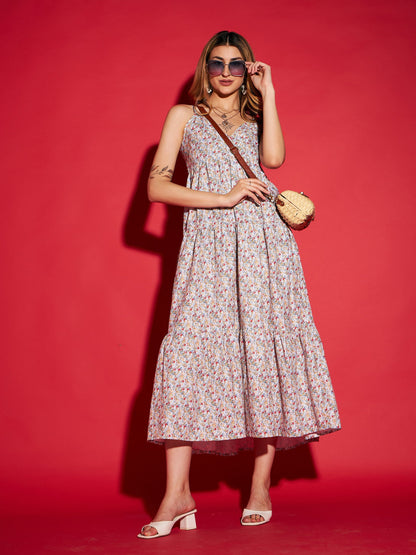 Women's White Ditsy Floral Strappy Tiered Maxi Dress
