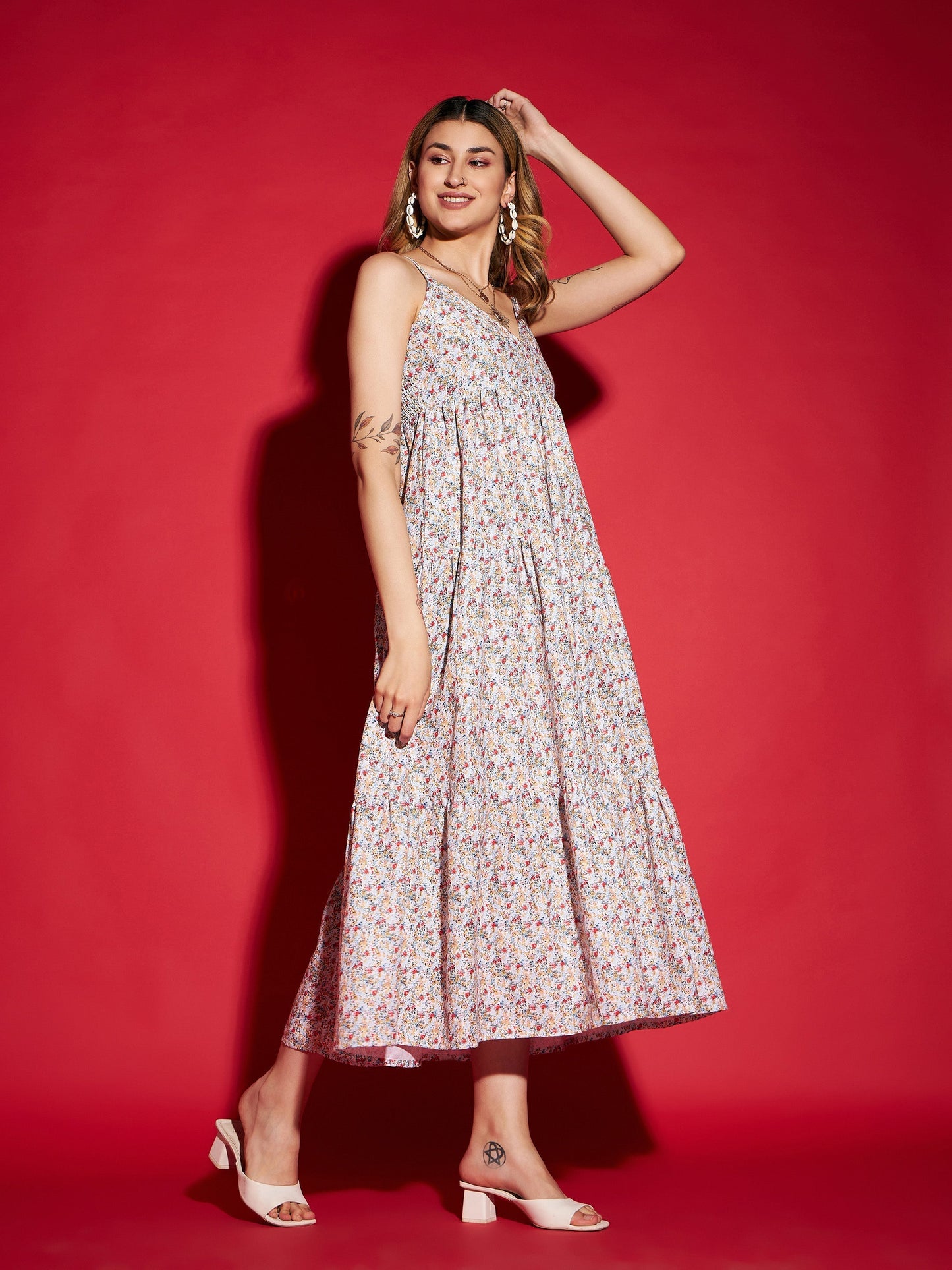 Women's White Ditsy Floral Strappy Tiered Maxi Dress