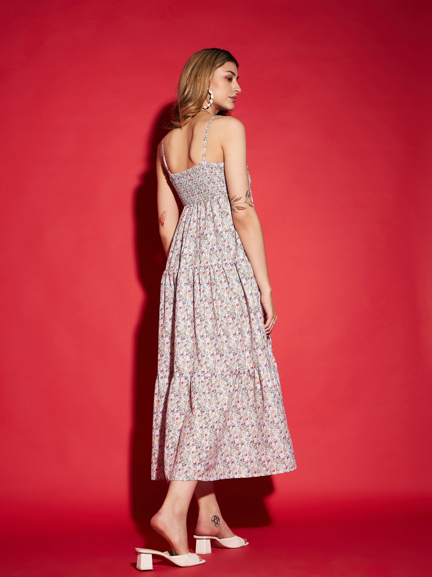 Women's White Ditsy Floral Strappy Tiered Maxi Dress