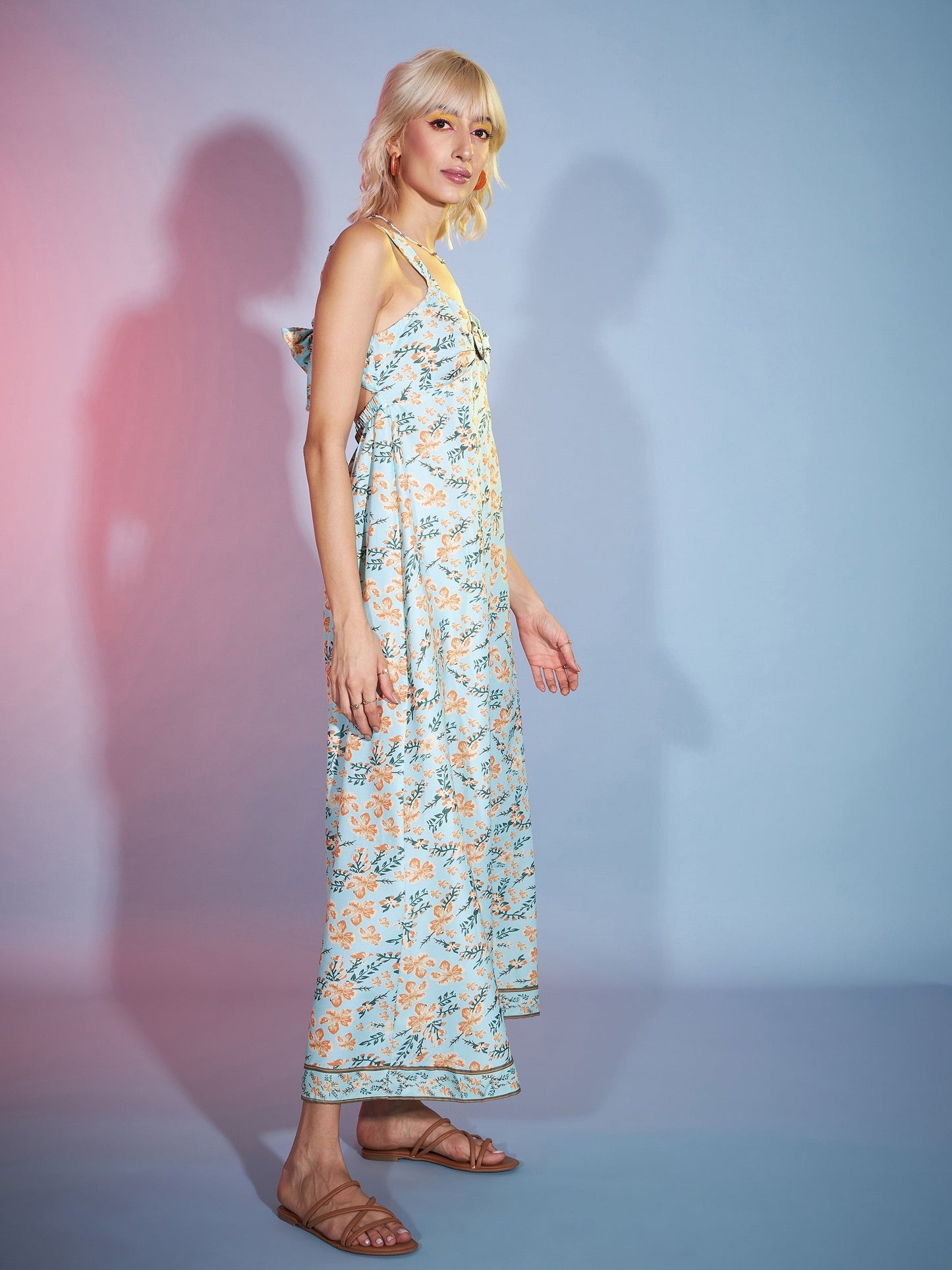 Women's Green Floral Strappy Sweetheart Neck Maxi Dress