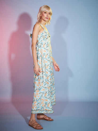 Women's Green Floral Strappy Sweetheart Neck Maxi Dress