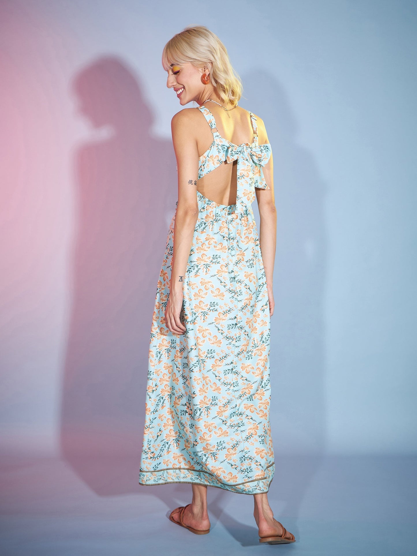 Women's Green Floral Strappy Sweetheart Neck Maxi Dress