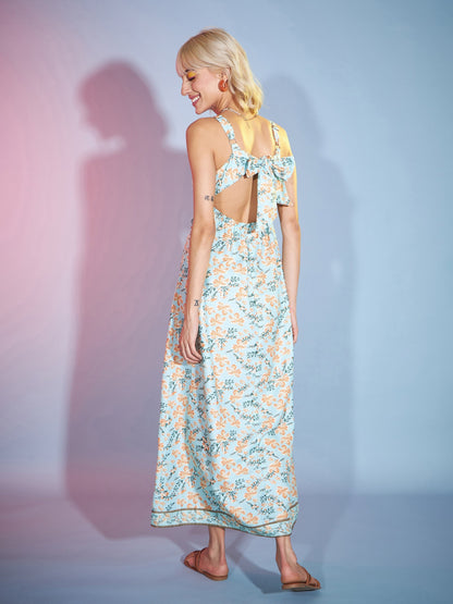 Women's Green Floral Strappy Sweetheart Neck Maxi Dress