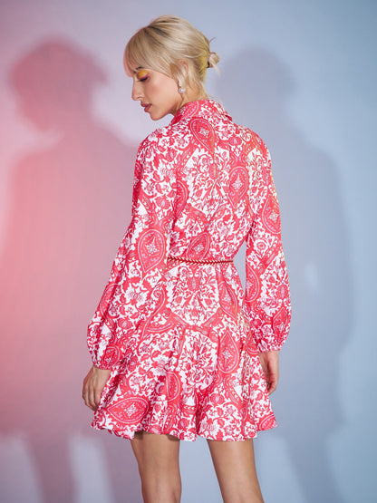 Women's Red Floral Flared Skater Dress