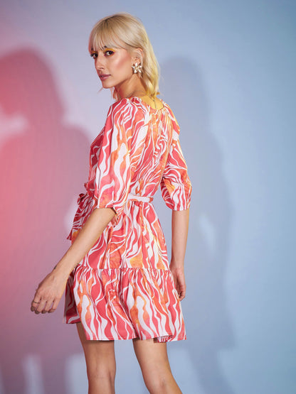 Women's Coral Abstract Water Paint Tiered Mini Dress