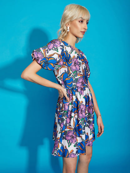 Women's Purple Big Floral V-Neck Balloon Sleeves Mini Dress