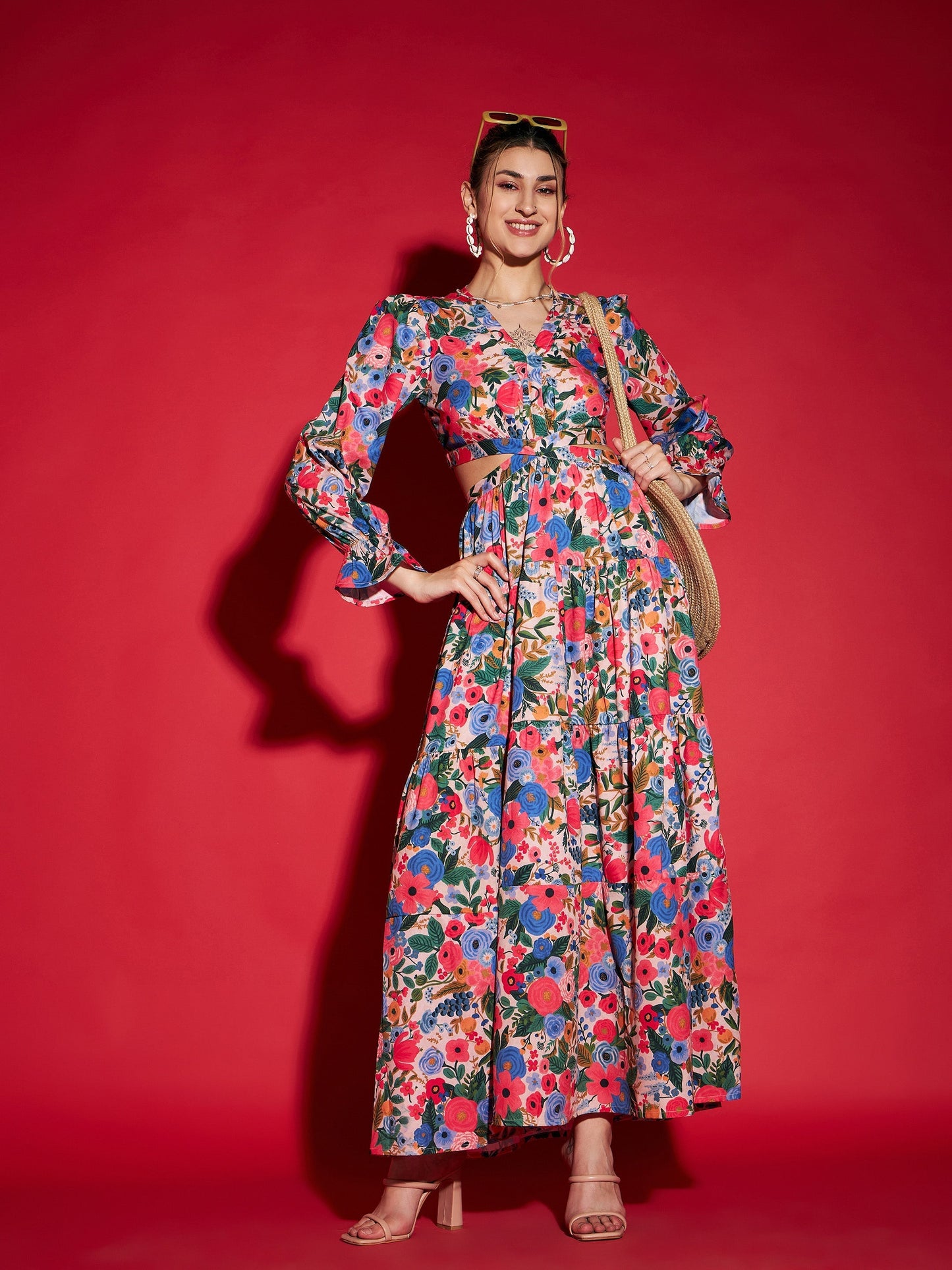 Women's Multi Floral Waist Cut-Out Maxi Dress