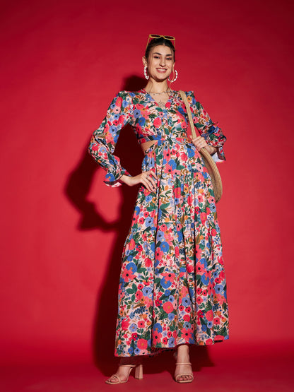 Women's Multi Floral Waist Cut-Out Maxi Dress