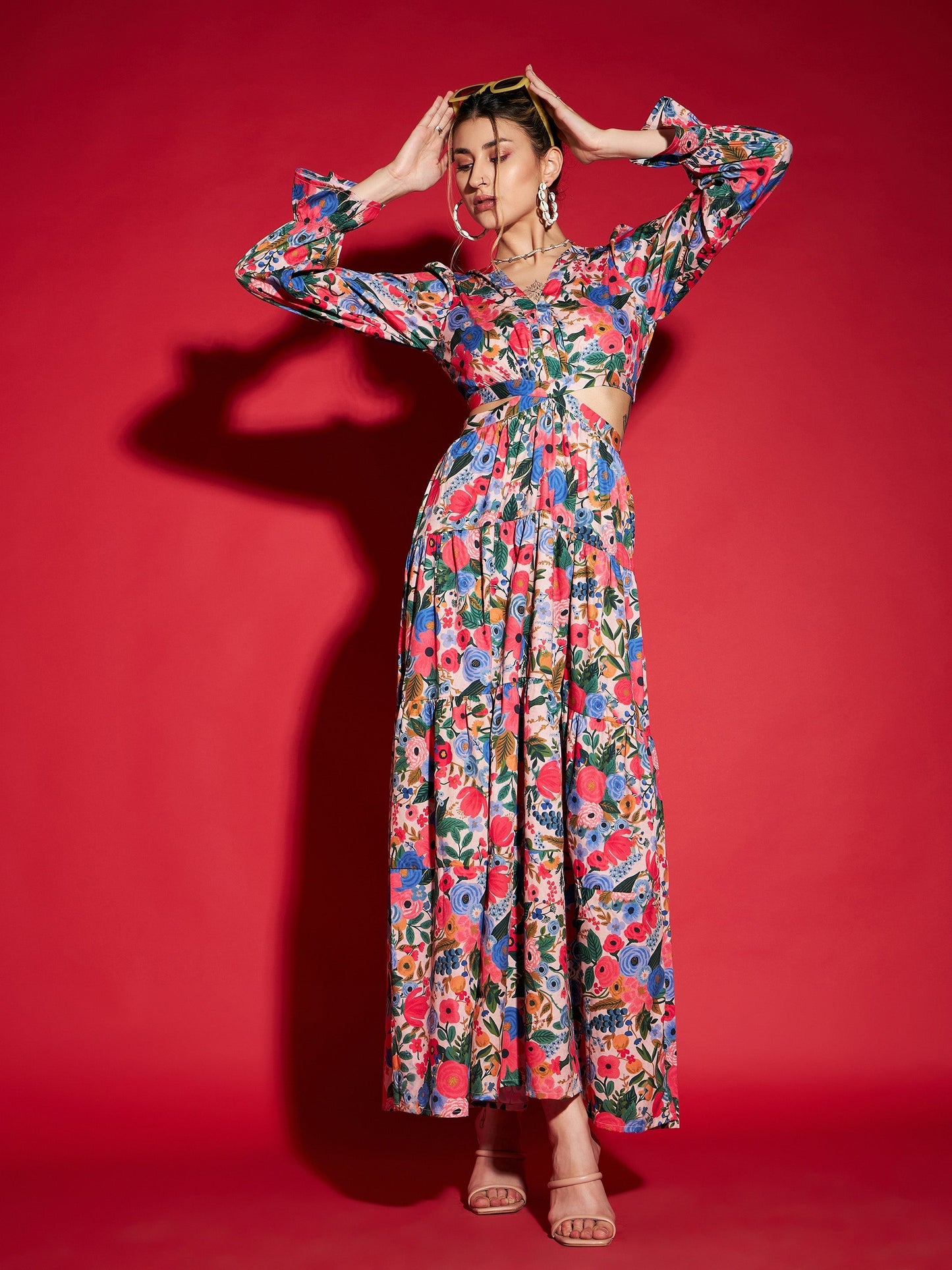 Women's Multi Floral Waist Cut-Out Maxi Dress