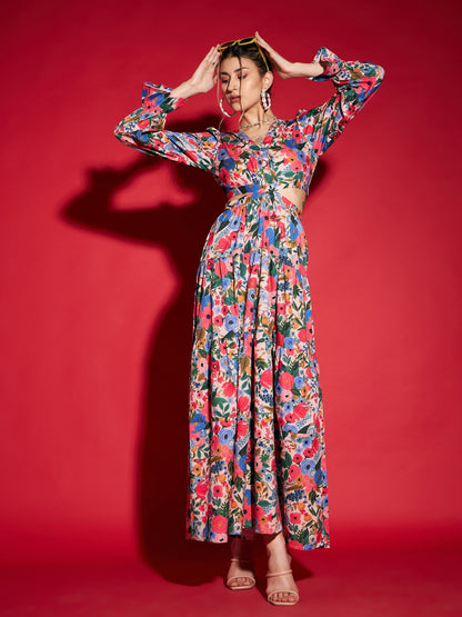 Women's Multi Floral Waist Cut-Out Maxi Dress