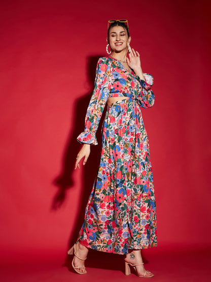 Women's Multi Floral Waist Cut-Out Maxi Dress