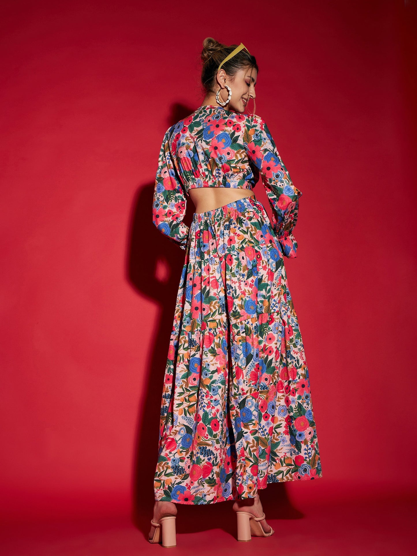 Women's Multi Floral Waist Cut-Out Maxi Dress