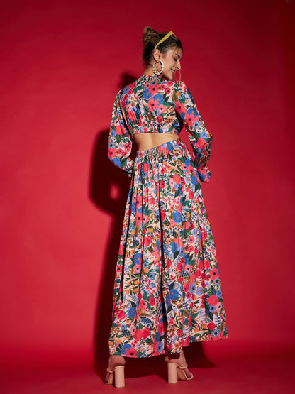 Women's Multi Floral Waist Cut-Out Maxi Dress