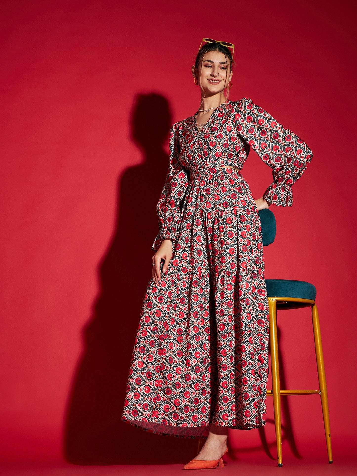 Women's Red Ethnic Motif Waist Cut-Out Maxi Dress