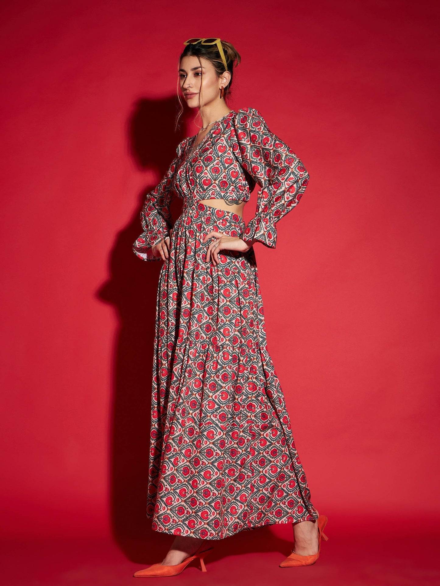 Women's Red Ethnic Motif Waist Cut-Out Maxi Dress