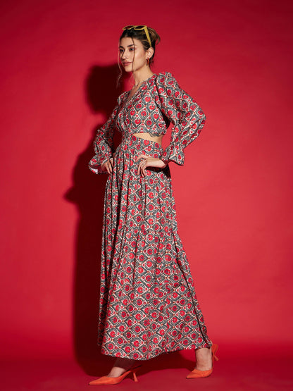 Women's Red Ethnic Motif Waist Cut-Out Maxi Dress
