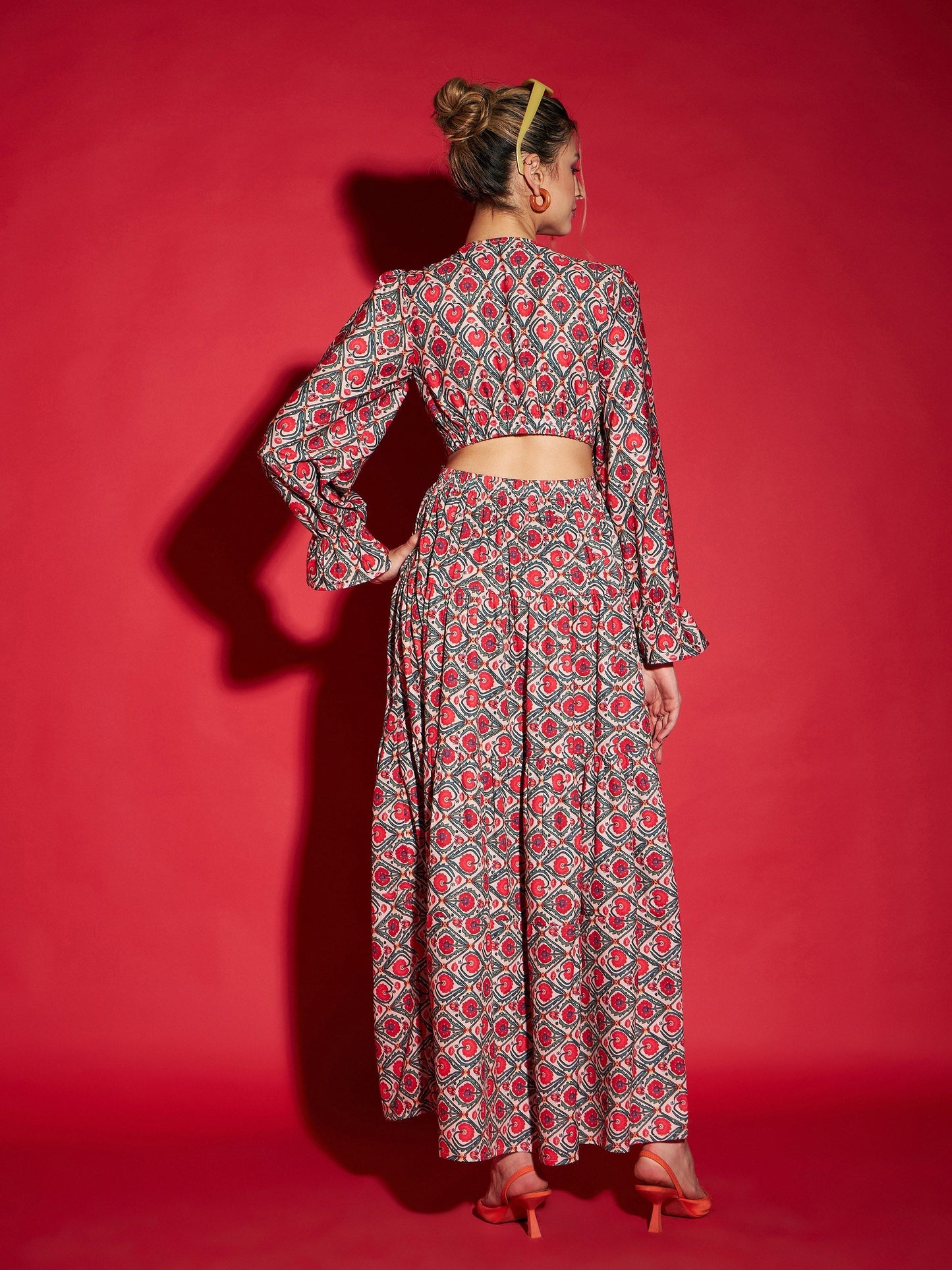 Women's Red Ethnic Motif Waist Cut-Out Maxi Dress