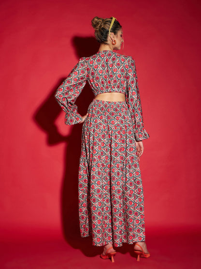 Women's Red Ethnic Motif Waist Cut-Out Maxi Dress