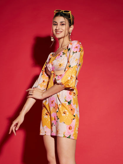 Women's Yellow Floral Side Cut Out Mini Dress