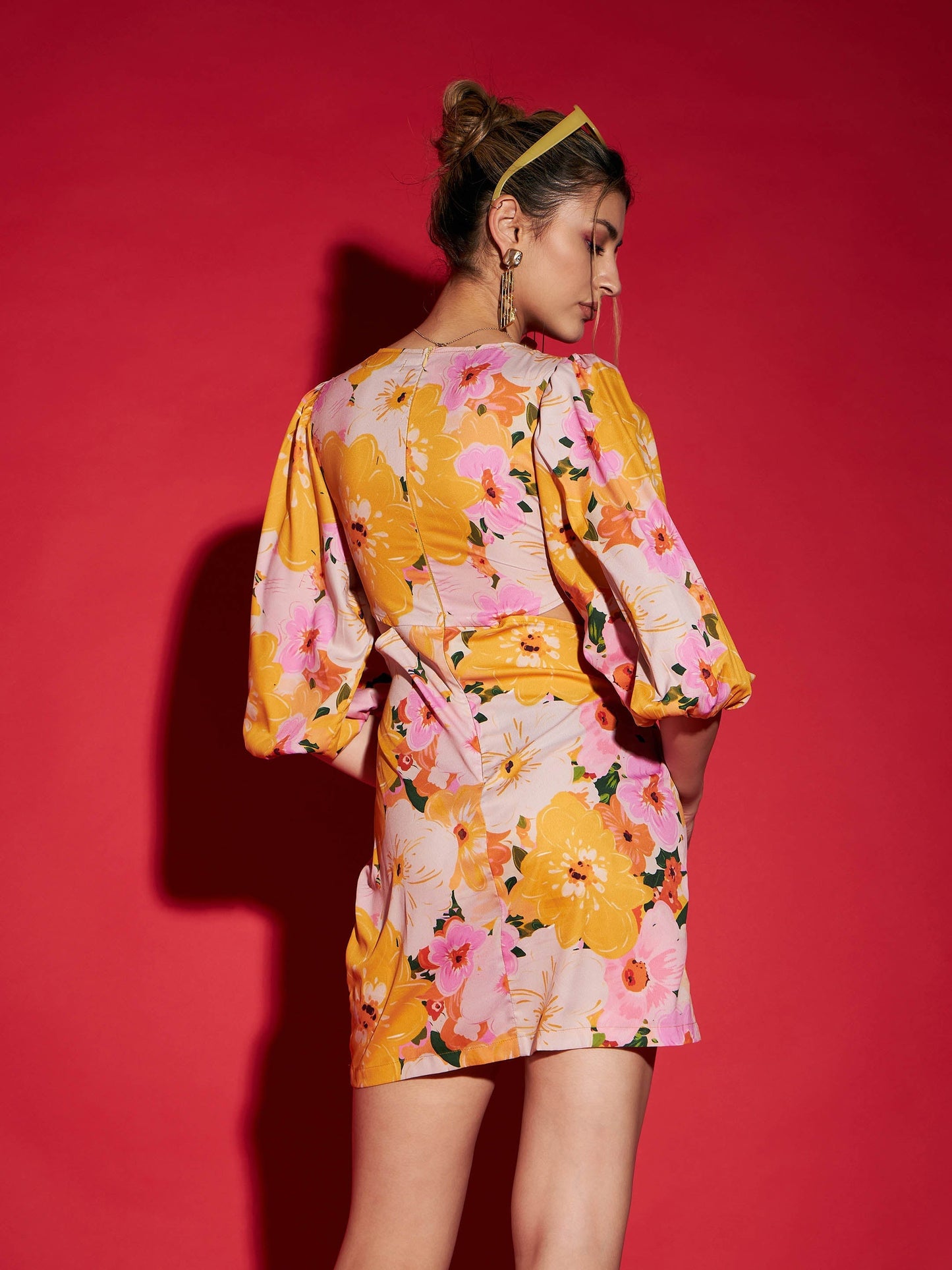Women's Yellow Floral Side Cut Out Mini Dress