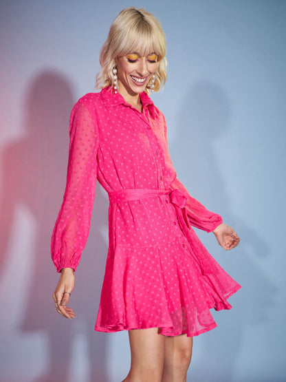 Women's Pink Dobby Flared Skater Dress