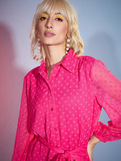 Women's Pink Dobby Flared Skater Dress