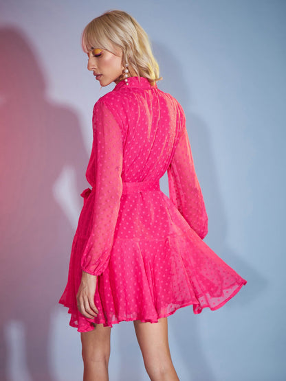Women's Pink Dobby Flared Skater Dress