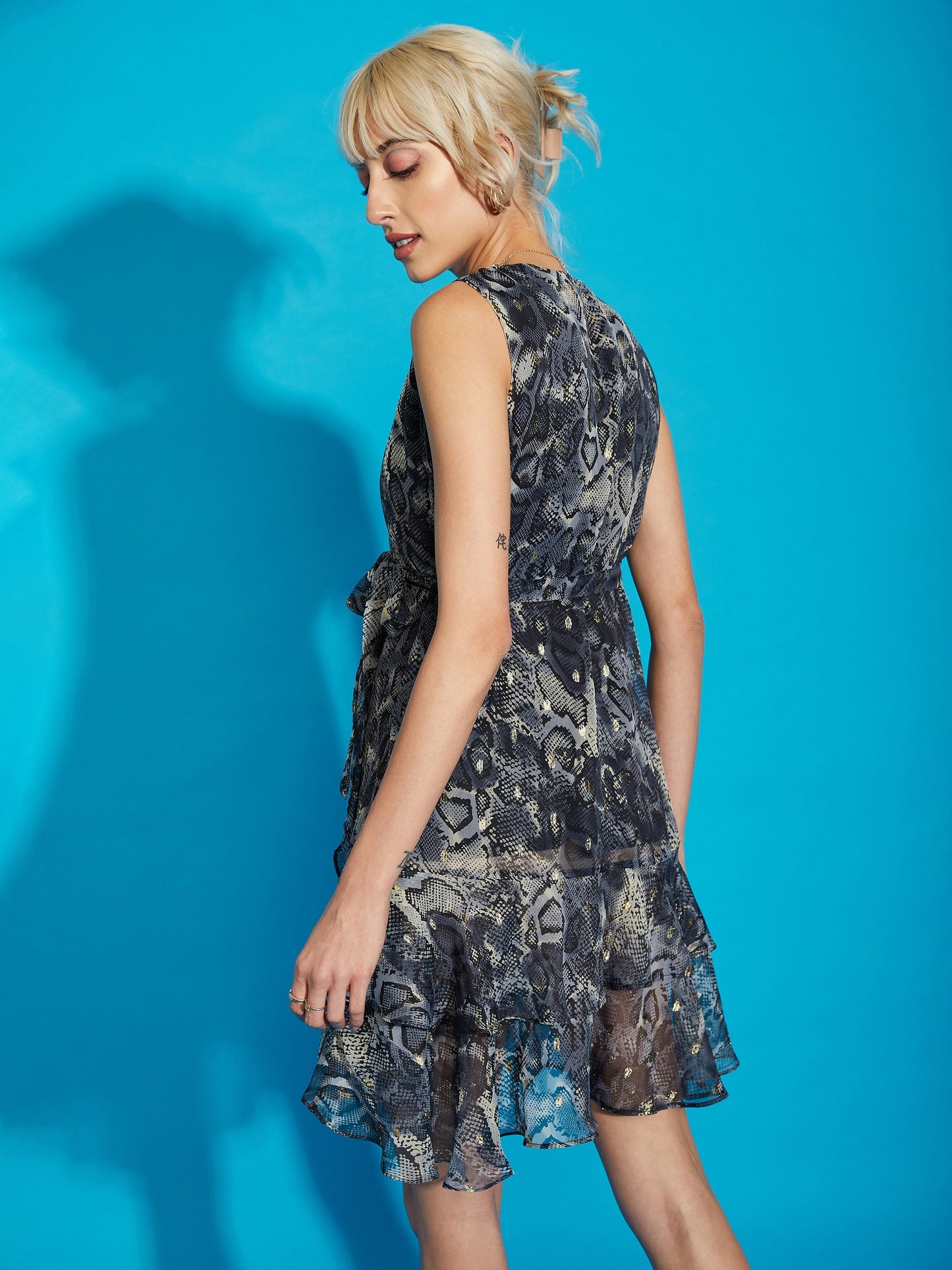 Women's Grey Snake Printed Layered Hem Skater Dress
