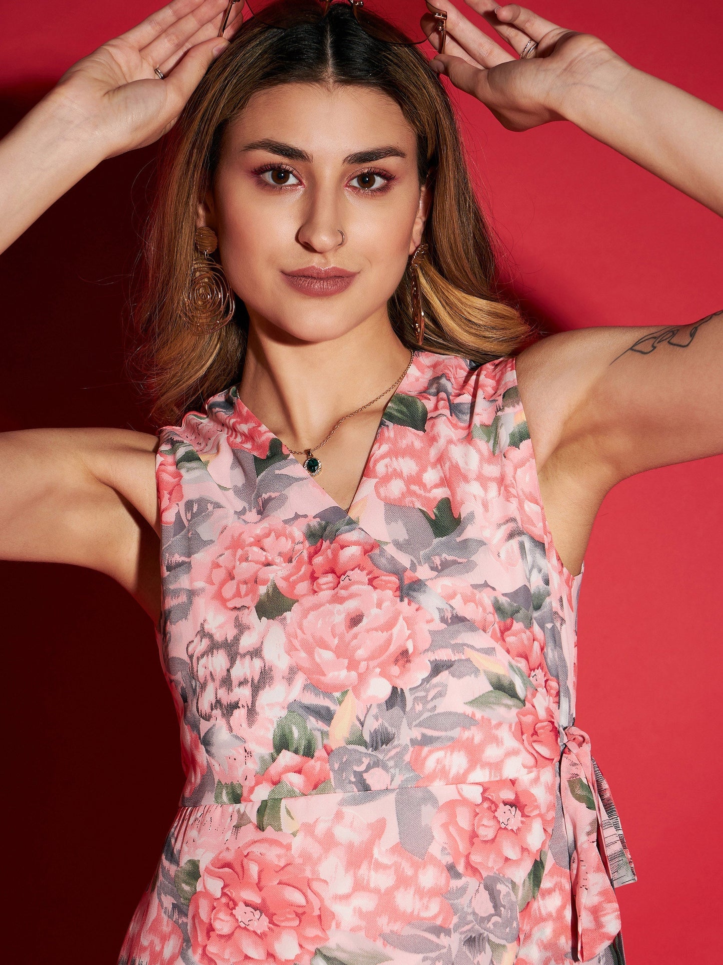 Women's Pink Floral Layered Hem Skater Dress