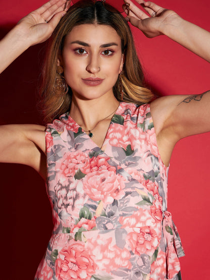 Women's Pink Floral Layered Hem Skater Dress