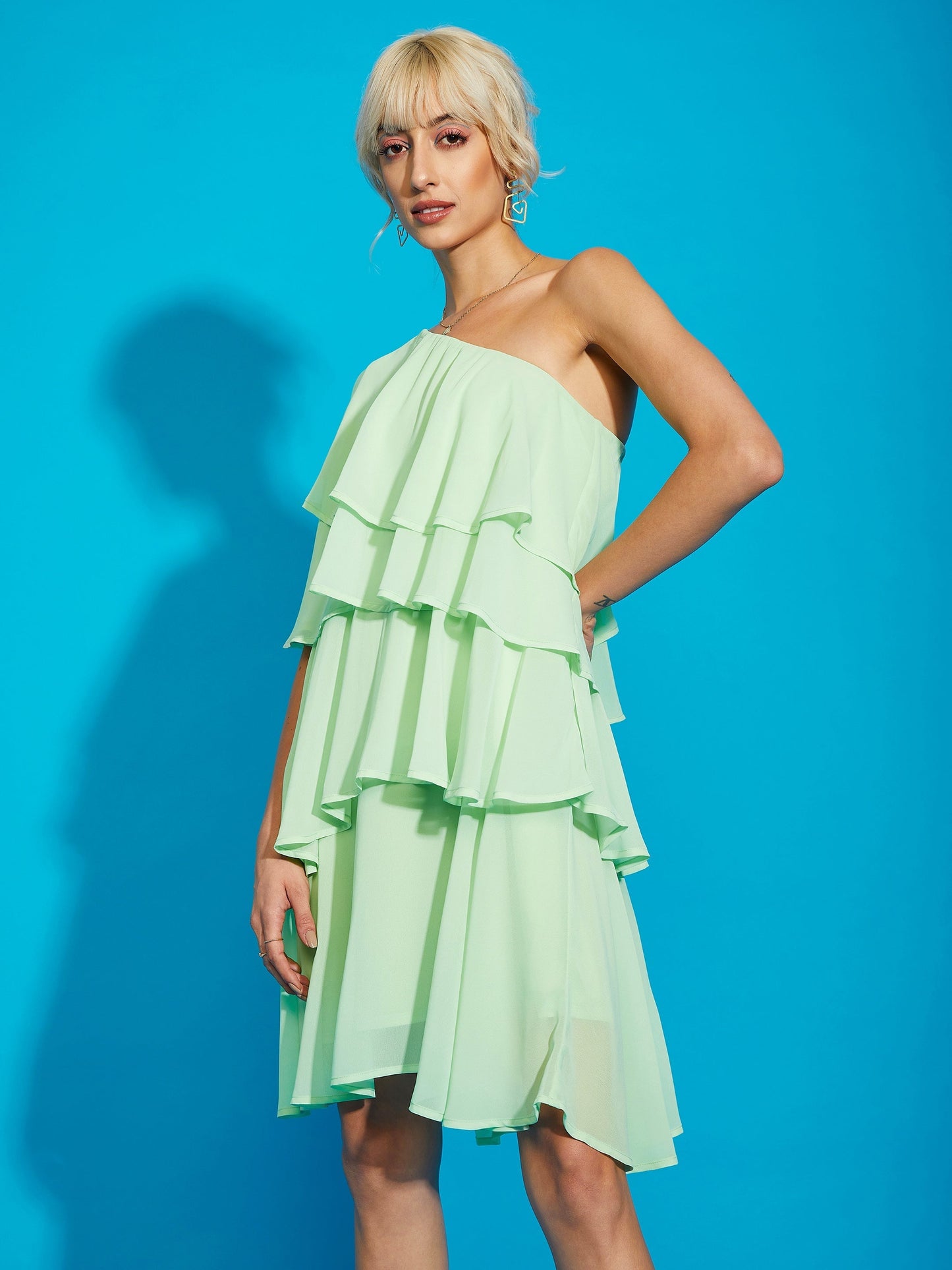 Women's Pista Green One Shoulder Layered Short Dress