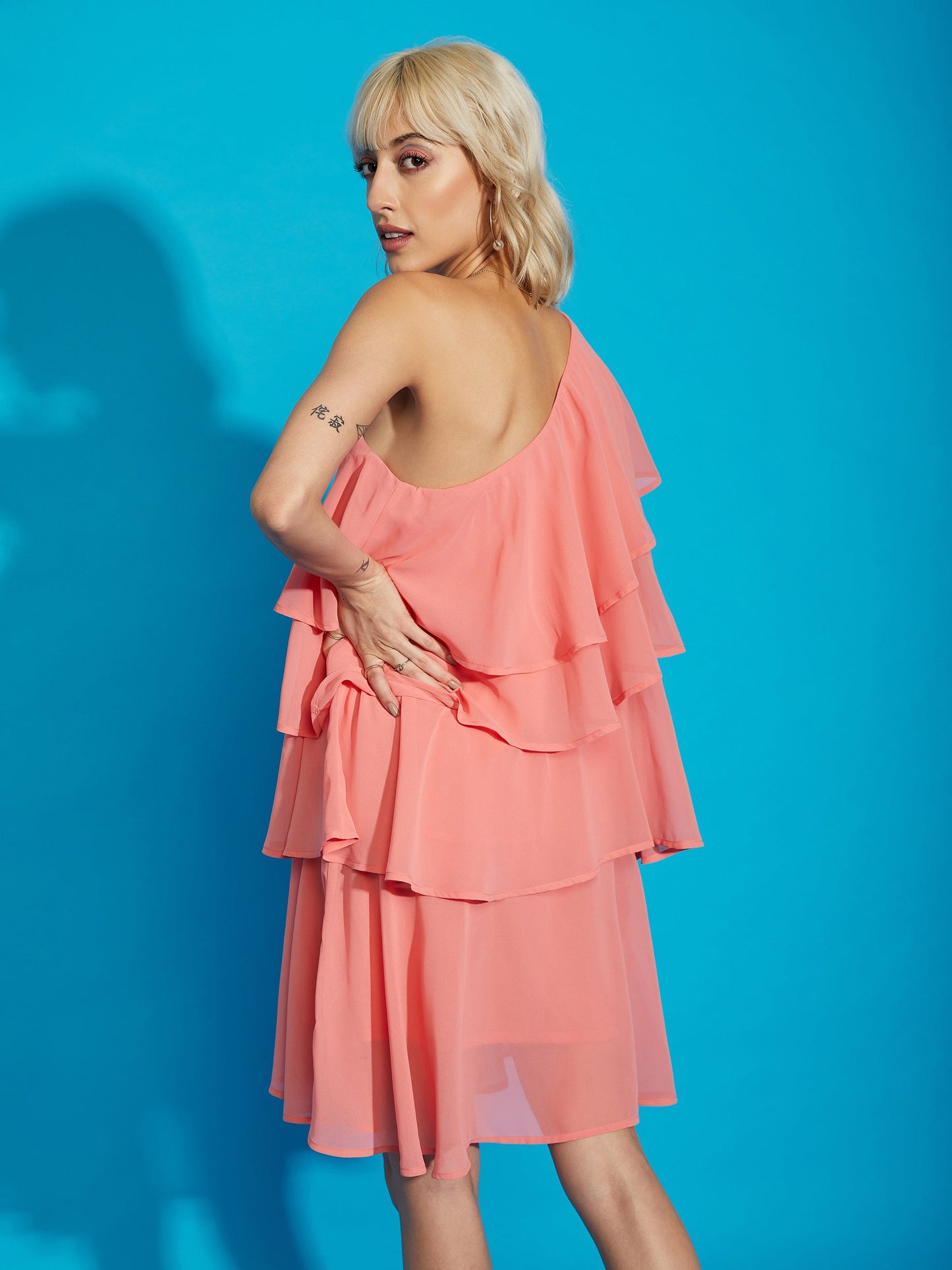 Women's Pink One Shoulder Layered Short Dress