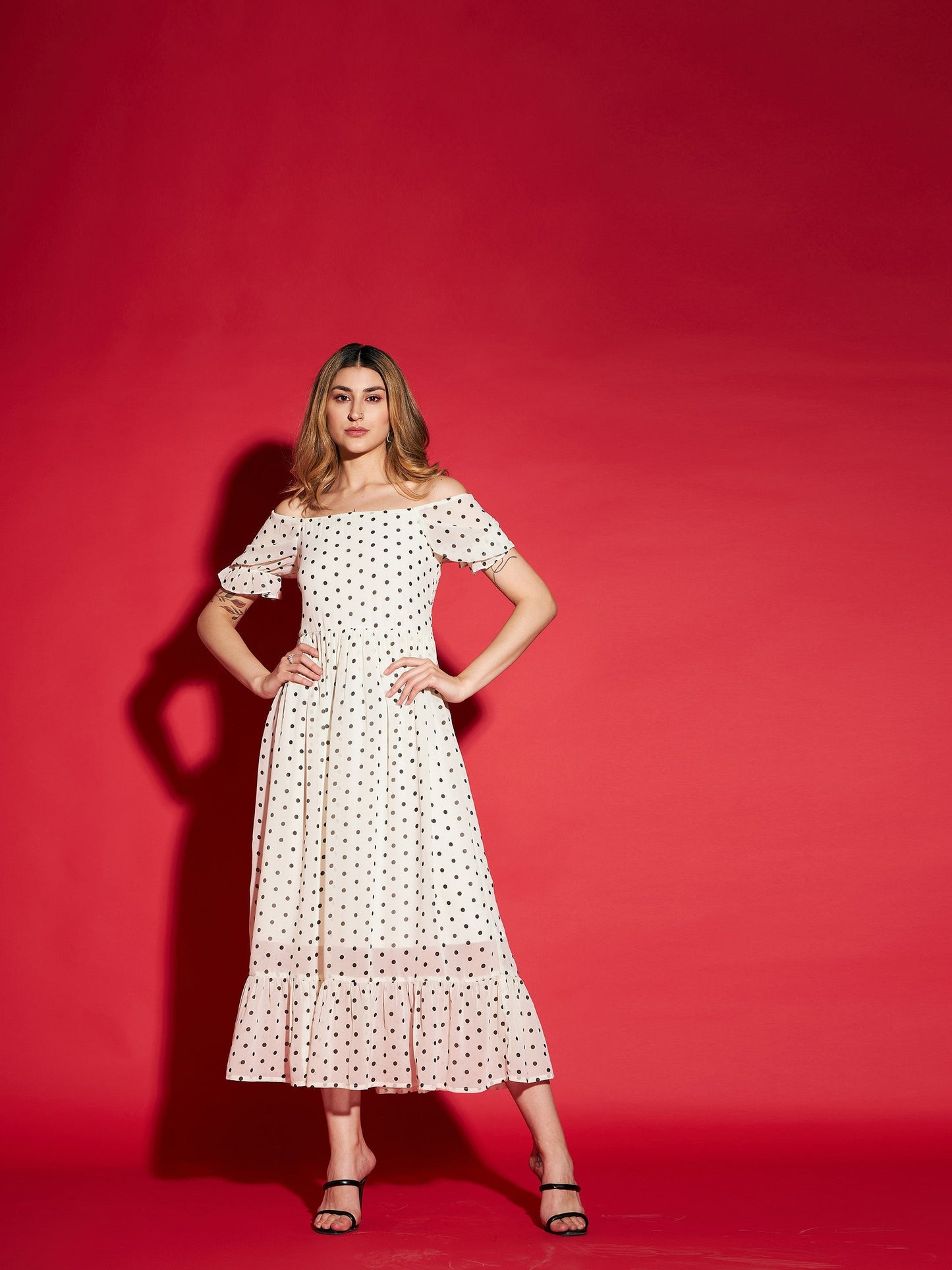 Women's White Polka Dot Printed Frill Hem Maxi Dress
