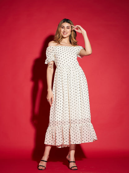 Women's White Polka Dot Printed Frill Hem Maxi Dress