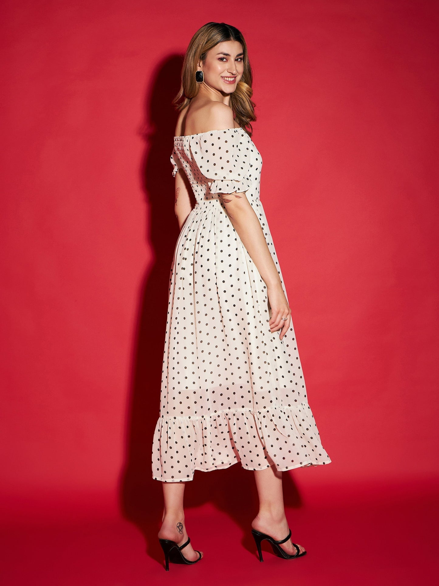 Women's White Polka Dot Printed Frill Hem Maxi Dress